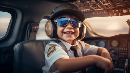 Happy kid dream job airplane captain in a pilot suit posing inside the plane in the cockpit. Future dream job for kid