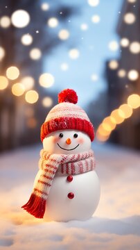 Super cute little snowman in the street wearing knitted Santa hat. AI generated image