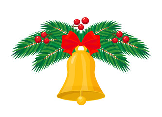 Christmas bell with red ribbon and Christmas tree branches. Color vector illustration in flat style. Isolated on white background.