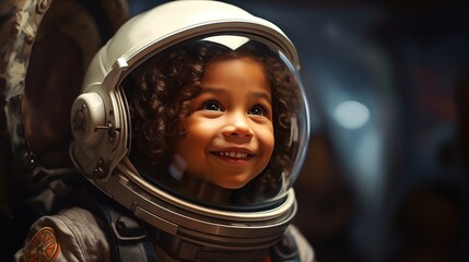 Little boy wearing an astronaut helmet dreams of becoming a rocket pilot spaceman in astronaut costume - obrazy, fototapety, plakaty