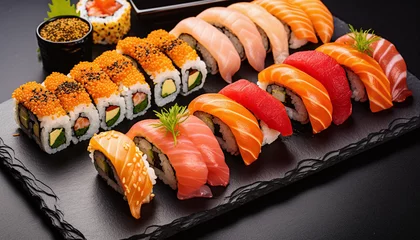 Foto auf Acrylglas Assorted sushi nigiri and maki set on slate. © wiizii