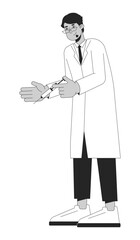 Arab white coat doctor holding syringe black and white 2D line cartoon character
