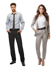 Full body young businessman and businesswoman posing isolated cutout PNG on transparent background.