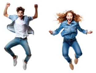 Jumping man and woman happy excited. Funny portrait on young casual male and female model in humorous jump isolated cutout PNG on transparent background.