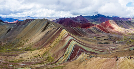Drone panorama view of Vinicunca in Cusco, Peru with an elevation of over 17,000 ft.  The landscape is known as Rainbow Mountain or Montana de Siete Colores.