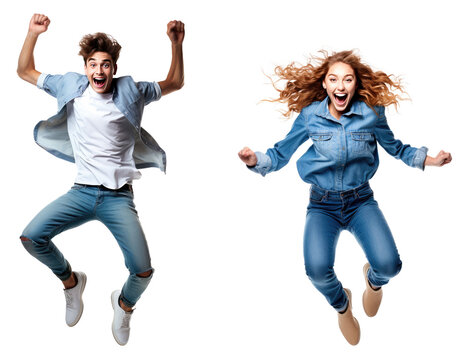 Jumping man and woman happy excited. Funny portrait on young casual male and female model in humorous jump isolated cutout PNG on transparent background.