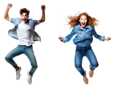 Jumping man and woman happy excited. Funny portrait on young casual male and female model in humorous jump isolated cutout PNG on transparent background. - Powered by Adobe