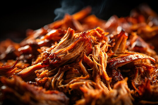 Close up of steaming pulled pork dish