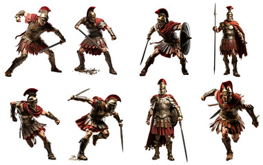 collection of military warrior of ancient rome wearing armor in combat action isolated on transparent background - obrazy, fototapety, plakaty