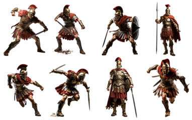 collection of military warrior of ancient rome wearing armor in combat action isolated on transparent background