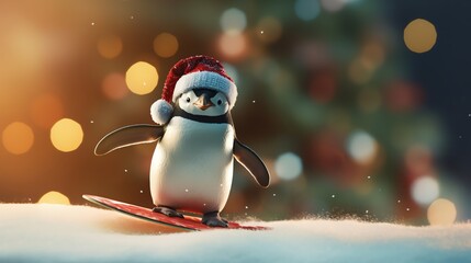 Super cute penguin wearing Santa hat and riding a surf. AI generated image