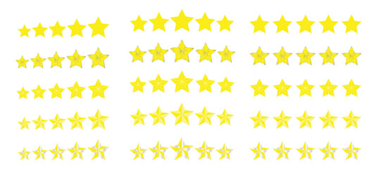 Five Star Ratings Icons Collection. Yellow 5 Stars. Quality Symbol Ratings Icon 3d stars, silver yellow stars, Shining five Stars, Ascending order five star Vector Illustration