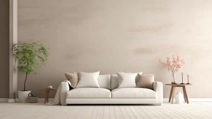  a small comfortable sofa and trendy background in a bright living room