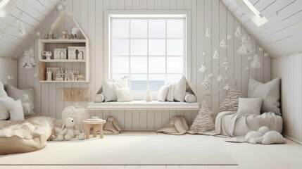  Cute toys placed on white shelves and cabinets near crib and window in sunlit nursery at home 