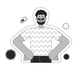 Black bearded man protected from infections black and white 2D line cartoon character