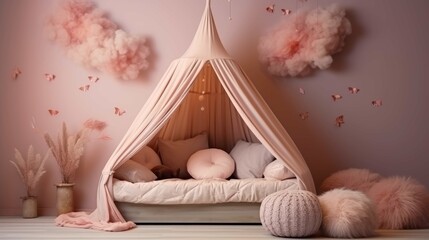Pink colored baby nursery with cradle and play tent in scandinavian style. Baby girl bedroom