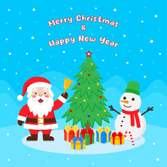Cute Santa Claus with gifts and Snowman. Merry Christmas and New Year design. Color vector illustration in cartoon flat style.