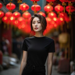 Lunar New Year Theme Clothing Mock-Up | Festive Black T-Shirt Design