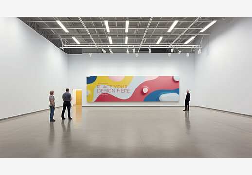 Gallery Frame Mockup Template: Professional Stock Photo of Three People in A Spacious Room with White Wall, Ceiling Lights, and Yellow Door