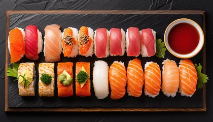 Rolgordijnen Assorted sushi nigiri and maki set on slate. © wiizii