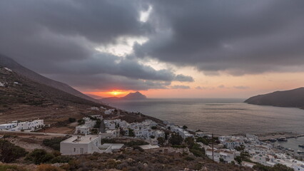 Panorama showing sunset on Amorgos island aerial timelapse from above. Greece