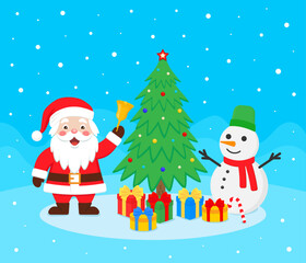 Cute Santa Claus with gifts and Snowman. Merry Christmas and New Year design. Color vector illustration in cartoon flat style.