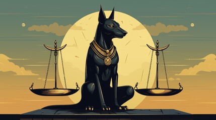 Anubis with a balance scale, symbolizing judgment in the afterlife - obrazy, fototapety, plakaty