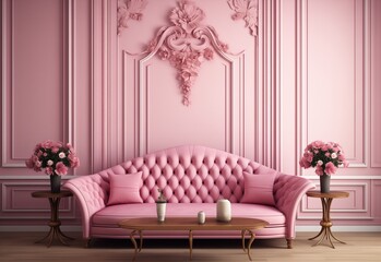 Classic modern style pink interior design with pink sofa and molding wall.