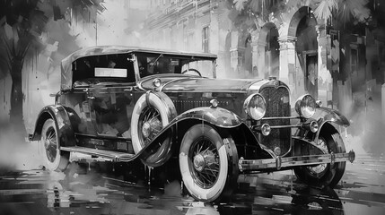 vintage car in in the 1920s city - obrazy, fototapety, plakaty