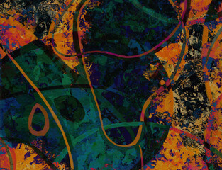 Neon abstract colorful background with grunge brush strokes and paint splashes