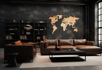 Black theme living room interior design with world map and dark brown sofas.
