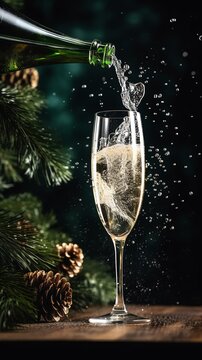 The process of pouring champagne from a bottle into a glass. Christmas greeting card concept. AI generated image