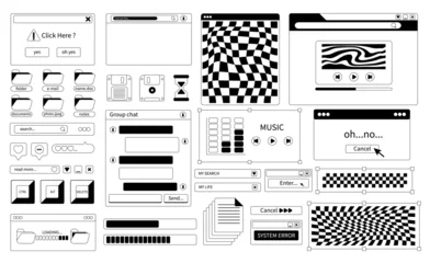  Set of computer retro interface in 2000s style. Custom PC design elements. Modern vector illustration in black and white design on an isolated background. © Olgadesinger