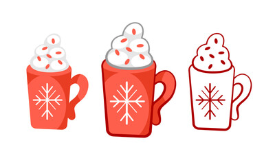 Set of vector cups with hot chocolate and cream in Christmas style.