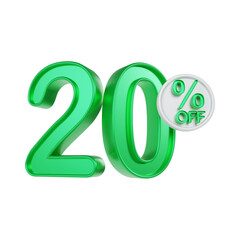 20 Percentage Sale Discount Green Color 3d illustration