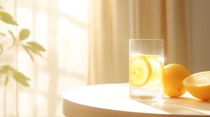 Essential citrus, rich in Vitamin C for a cold season's fruit boost. Glass of water