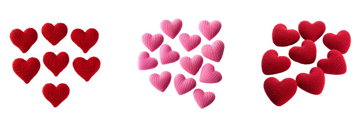 Knitted Heart Set for Valentine’s Day: Crocheted Amigurumi in Pink and Red, Isolated on Transparent Background, PNG