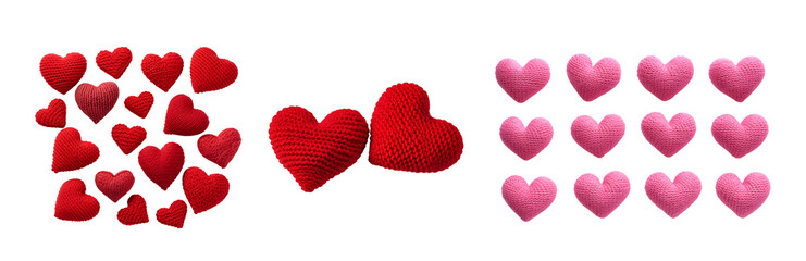 Valentine’s Day Banner Set: Crocheted Amigurumi Hearts in Pink and Red, Isolated on Transparent Background, PNG