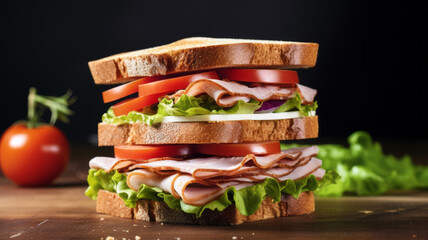 Big sandwich with baked turkey, green salad, tomato and cucumber slices on dark background. - obrazy, fototapety, plakaty