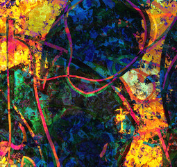 Neon abstract colorful background with grunge brush strokes and paint splashes