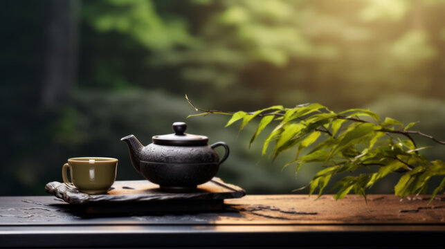 Still-life of japanese healthy green tea in a small cups and teapot