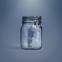 Businessman trapped in a jar and using his smartphone