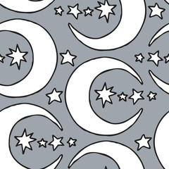 Obraz premium Starry night seamless vector pattern with moon, stars and clouds. Boho style decorative background for wallpaper, digital paper, wrapping design, fashion fabric, textile print. Hand drawn illustration