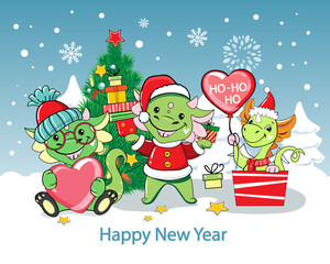 Christmas and New Year card with dragons and christmas tree. Vector cartoon illustration. Chinese 2024 symbol