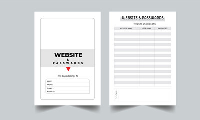 Website & Password Log Book Planner with cover page layout design template.