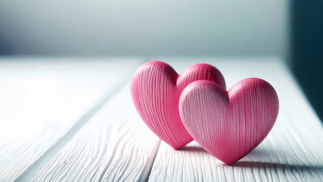 Two handcrafted wooden hearts painted in vibrant pink, resting side by side on a white wooden surface. 