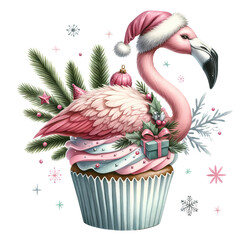 A Watercolor Christmas Cupcake Flamingo Animal Clipart, Watercolor Sublimation design
