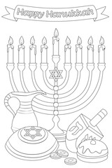 Happy Hanukkah. Vector illustration, coloring page, line art, black and white. Traditional menorah, candle, cup of wine, hat, wine, jug of oil, dreidel with Hebrew letter.