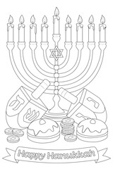 Happy Hanukkah. Vector illustration, coloring page, line art, black and white. Traditional menorah, candle, cup of wine, hat, wine, jug of oil, dreidel with Hebrew letter.