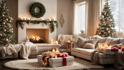 fireplace, christmas tree with gifts in the living room